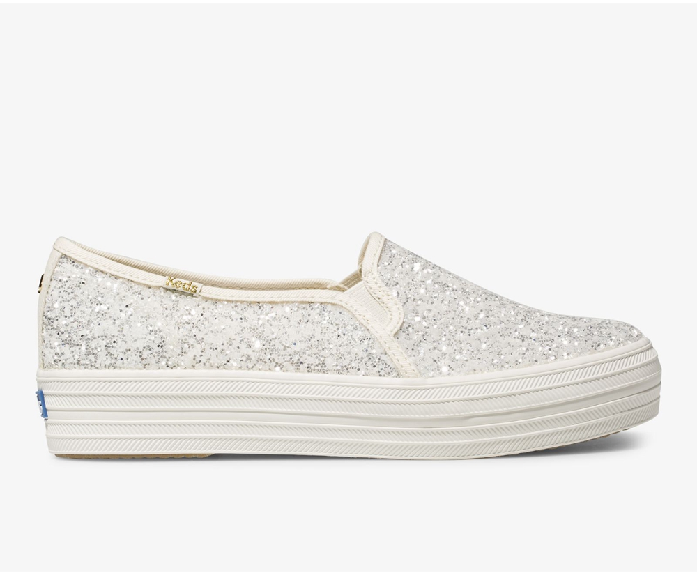 Slip Ons Keds Mujer Blancos - Kate Spade New York Triple Decker Glitter - 9512-URJQD